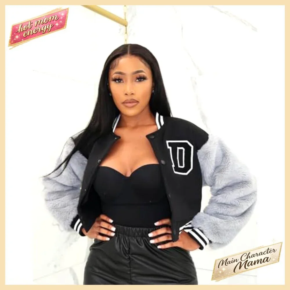 Cropped Varsity Jacket with Faux Fur Sleeves, Button-Up Casual Letterman Coat - Picture 4 of 7